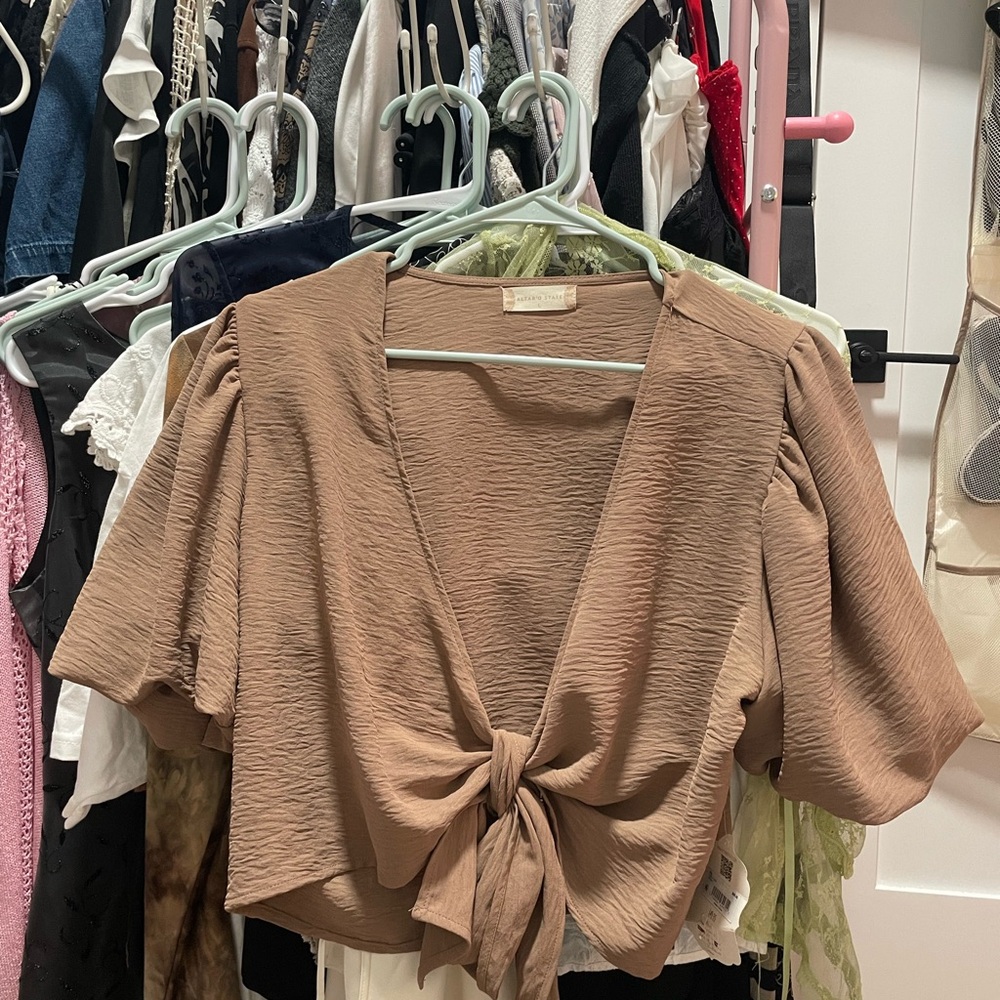 Altar'd State Tan Tie-Front Blouse